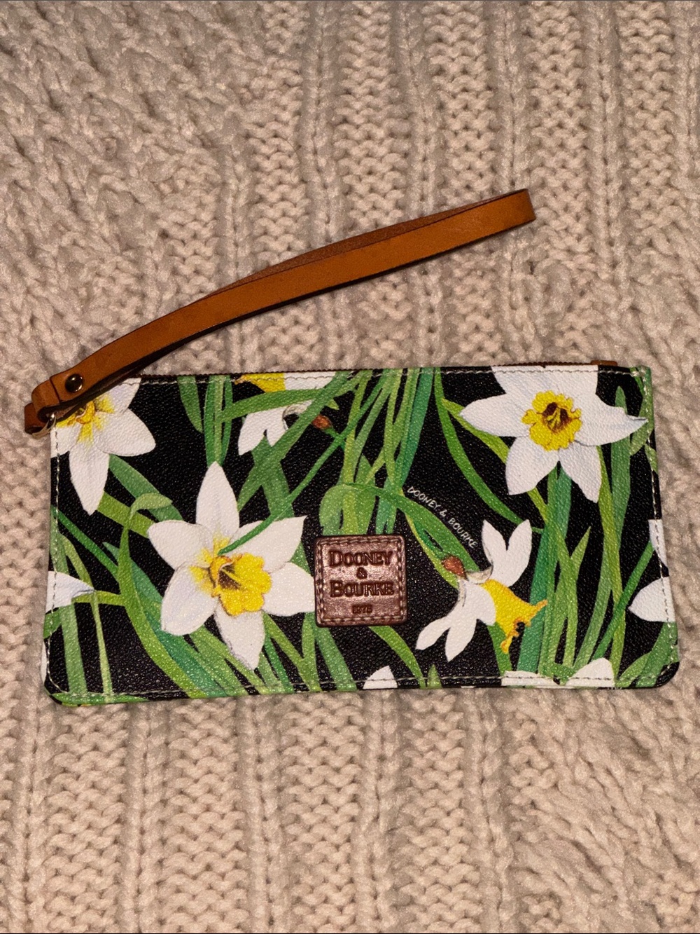Dooney & Bourke Black Floral Card Holder Wristlet with Tan Strap